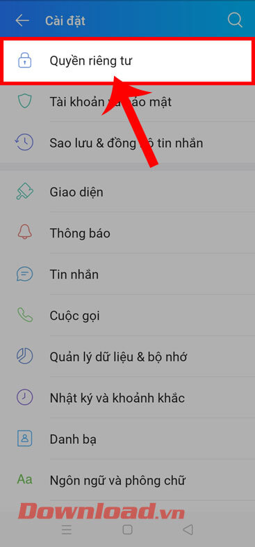 Nhấn vào mục Quyền riêng tư