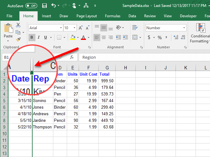 Bỏ ẩn cột trong Excel