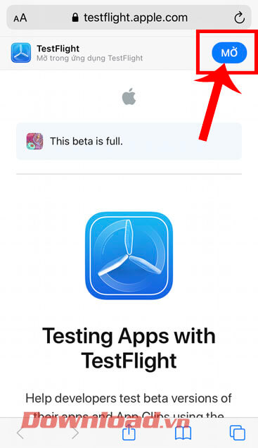 <p><strong>Bước 2: </strong>Tại phần tải game này trên ứng dụng TestFlight, nhấn vào nút <strong>Mở</strong>