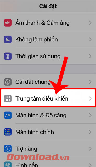 Nhấn vào mục Trung tâm điều khiển