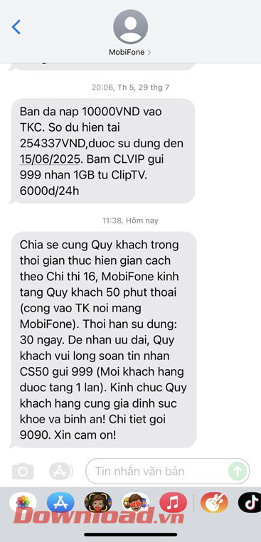 Tin nhắn thông báo nhận phút gọi miễn phí