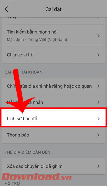 Ấn vào mục Lịch sử bản đồ