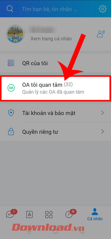 Nhấn vào mục OA tôi quan tâm