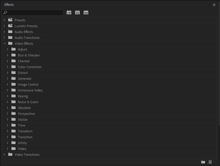 Bảng hiệu ứng chuẩn trong Adobe Premiere Pro
