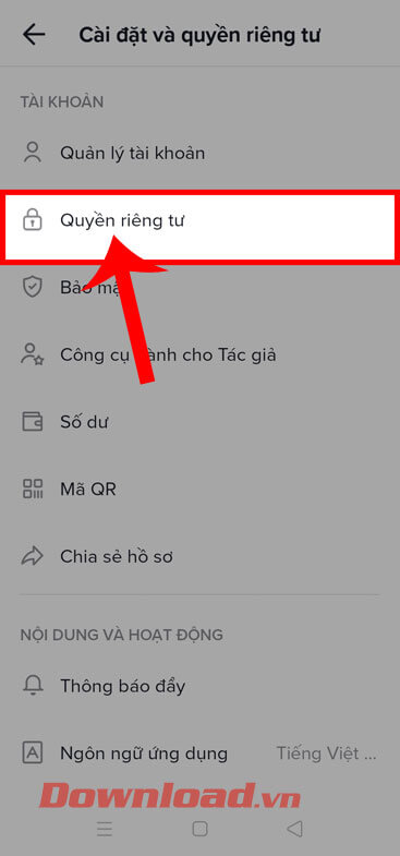Chạm vào mục Quyền riêng tư