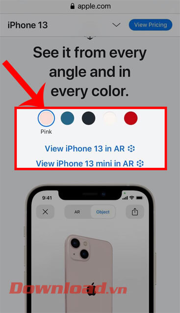 Nhấn vào mục View iPhone 13 in AR hoặc mục View iPhone 13 mini in AR.