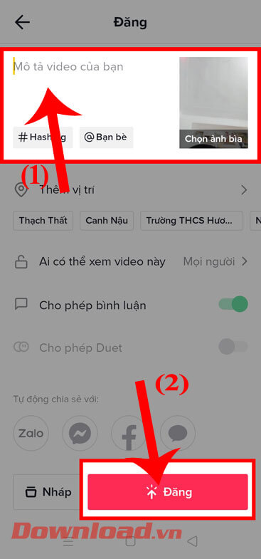 Viết caption và chạm vào nút Đăng