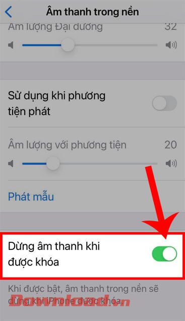 Bật công tắc tại mục Dừng khi khóa màn hình