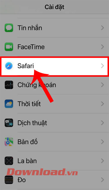 Nhấn vào mục Safari