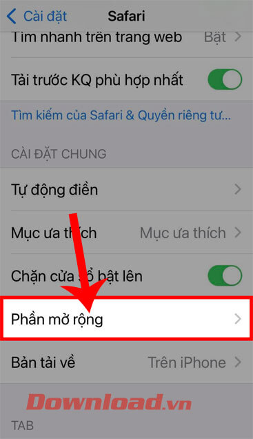 Ấn vào mục Phần mở rộng