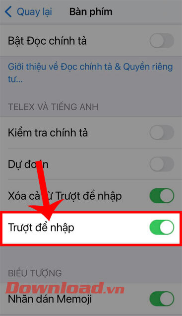 Gạt công tắc tại mục Trượt để nhập