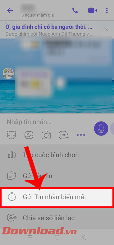 Chạm vào mục Gửi tin nhắn tự biến mất