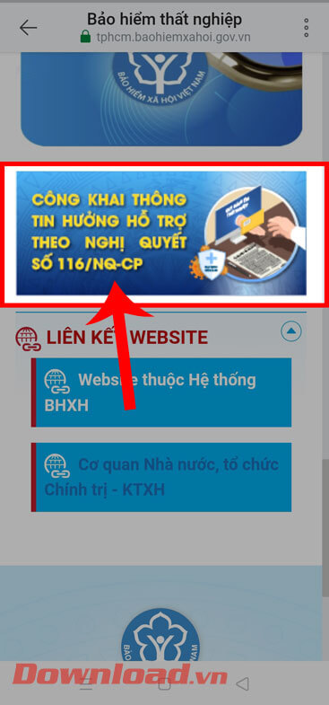 Chạm vào banner quảng cáo “Công khai thông tin hưởng hỗ trợ theo Nghị quyết số 116/NQ-CP”.