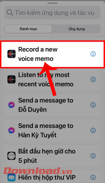 Tìm và chọn tác vụ Record a new voice memo