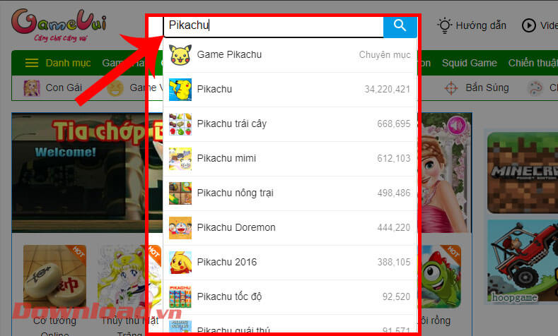 Nhập từ khóa "Pikachu"