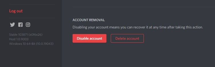 Click Disable account để tạm khóa tài khoản Discord