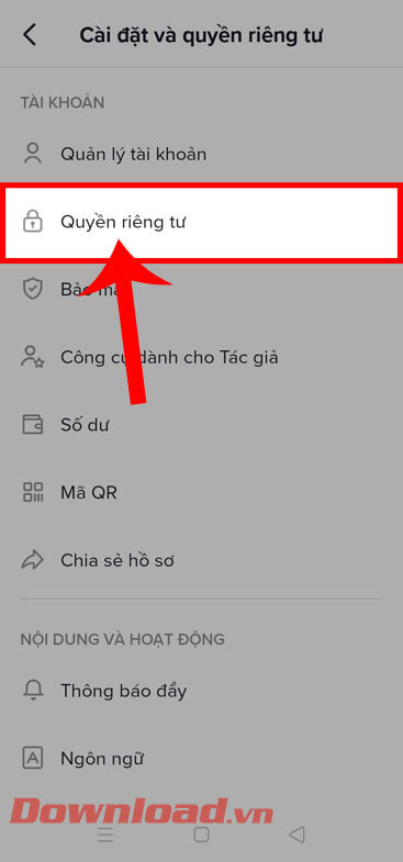 Chạm vào mục Quyền riêng tư