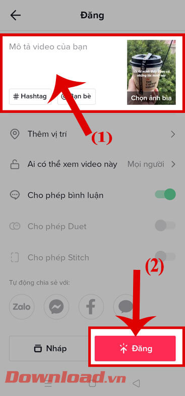 Viết caption cho video và ấn nút Đăng