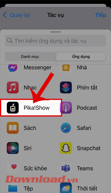 Tìm kiếm và chọn ứng dụng Pika!Show
