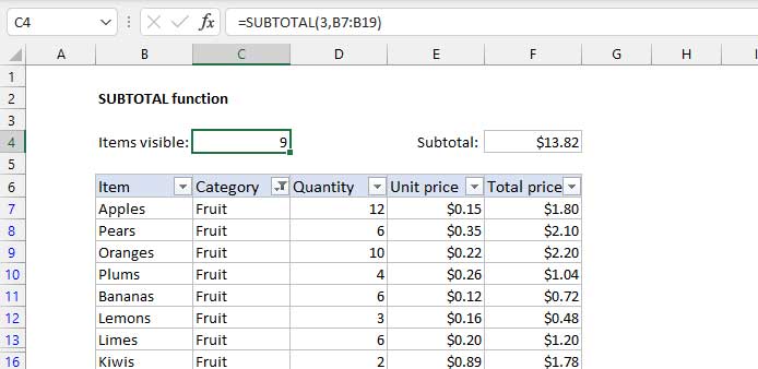 Ví dụ về một hàm SUBTOTAL trong Microsoft Excel