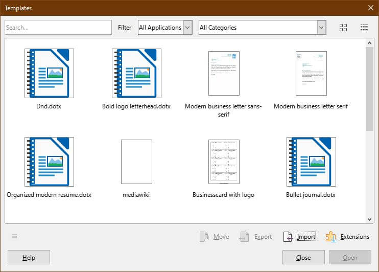Nhập kiểu và mẫu tài liệu cho LibreOffice Writer