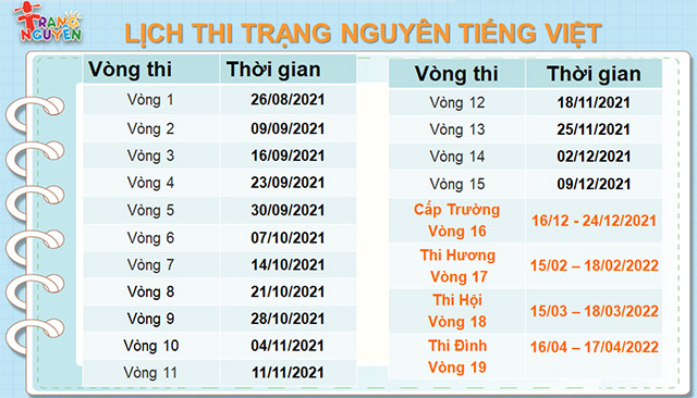 Lịch thi Trạng Nguyên Tiếng Việt năm 2021 - 
