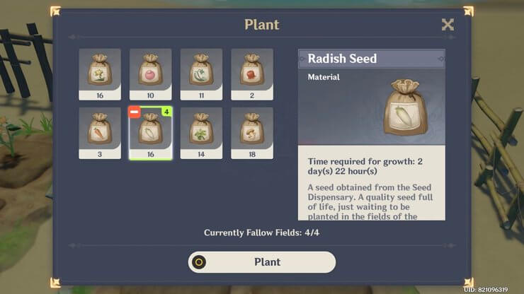 Nhấn nút Plant để trồng củ cải trong Genshin Impact