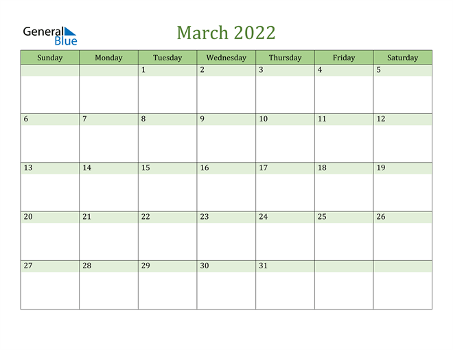 Mẫu lịch tháng 3 năm 2022 số 7