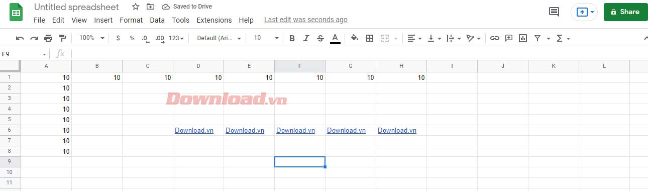 Dữ liệu giống nhau đã được điền vào ô trong Google Sheets