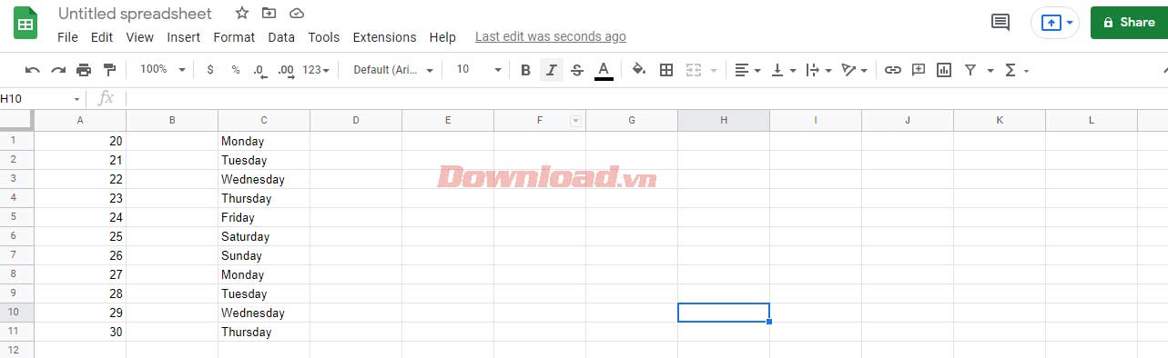 Autofill dữ liệu liên tiếp trong Google Sheets