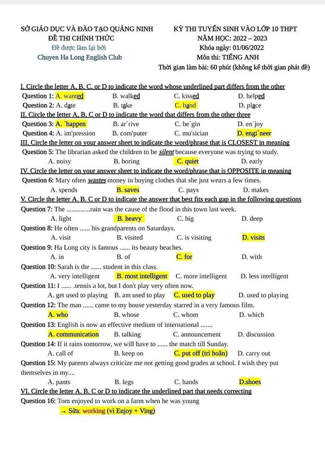 Đề thi vào 10 môn Tiếng Anh năm 2022 – 2023 sở GD&ĐT Quảng Ninh Đáp án đề thi vào lớp 10 môn Anh 2022