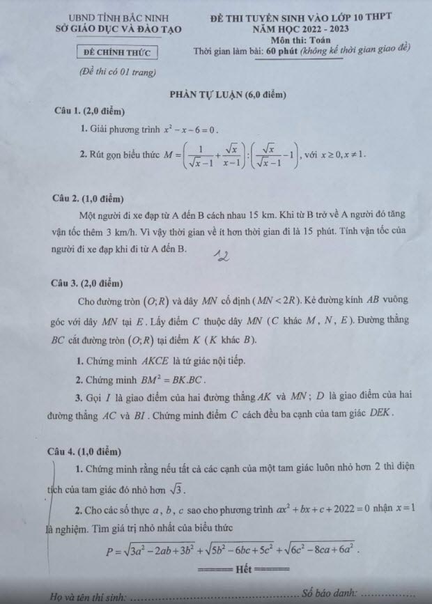 Đáp án đề thi vào lớp 10 môn toán Bắc Ninh năm 2023