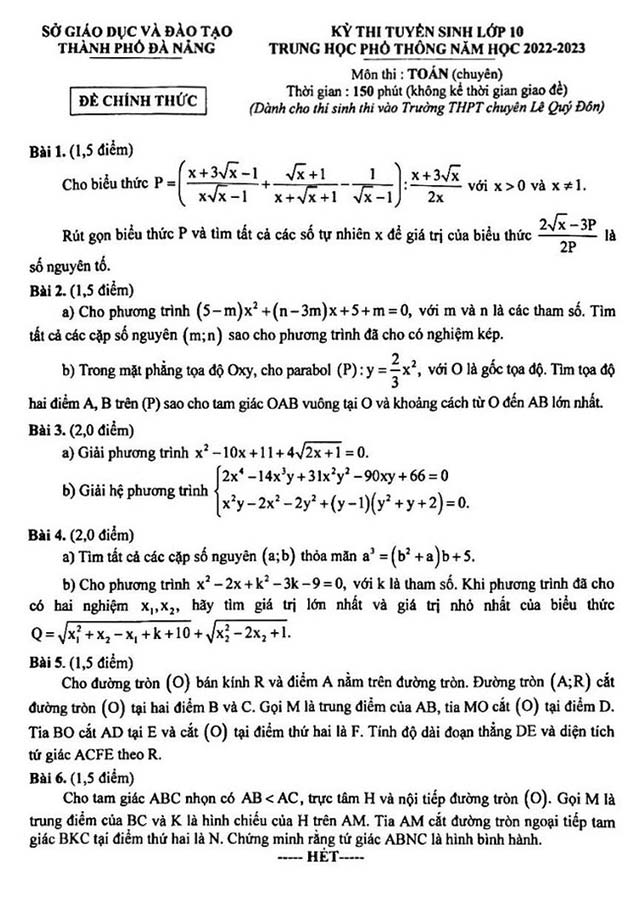 Đề thi vào lớp 10 môn Toán năm 2022 Chuyên Lê Quý Đôn