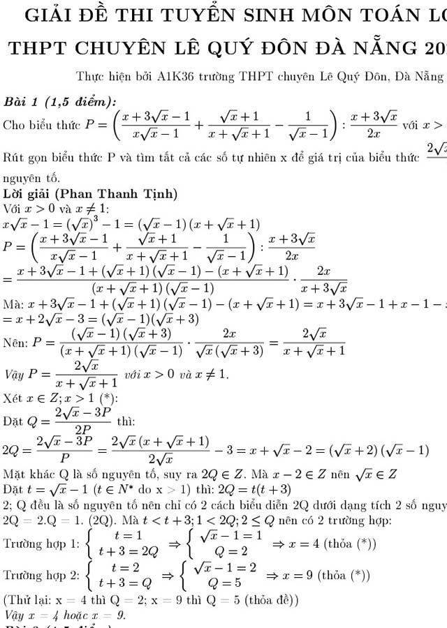 Đáp án đề thi vào lớp 10 môn Toán năm 2022 Chuyên Lê Quý Đôn