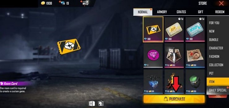 Special room card in Free Fire