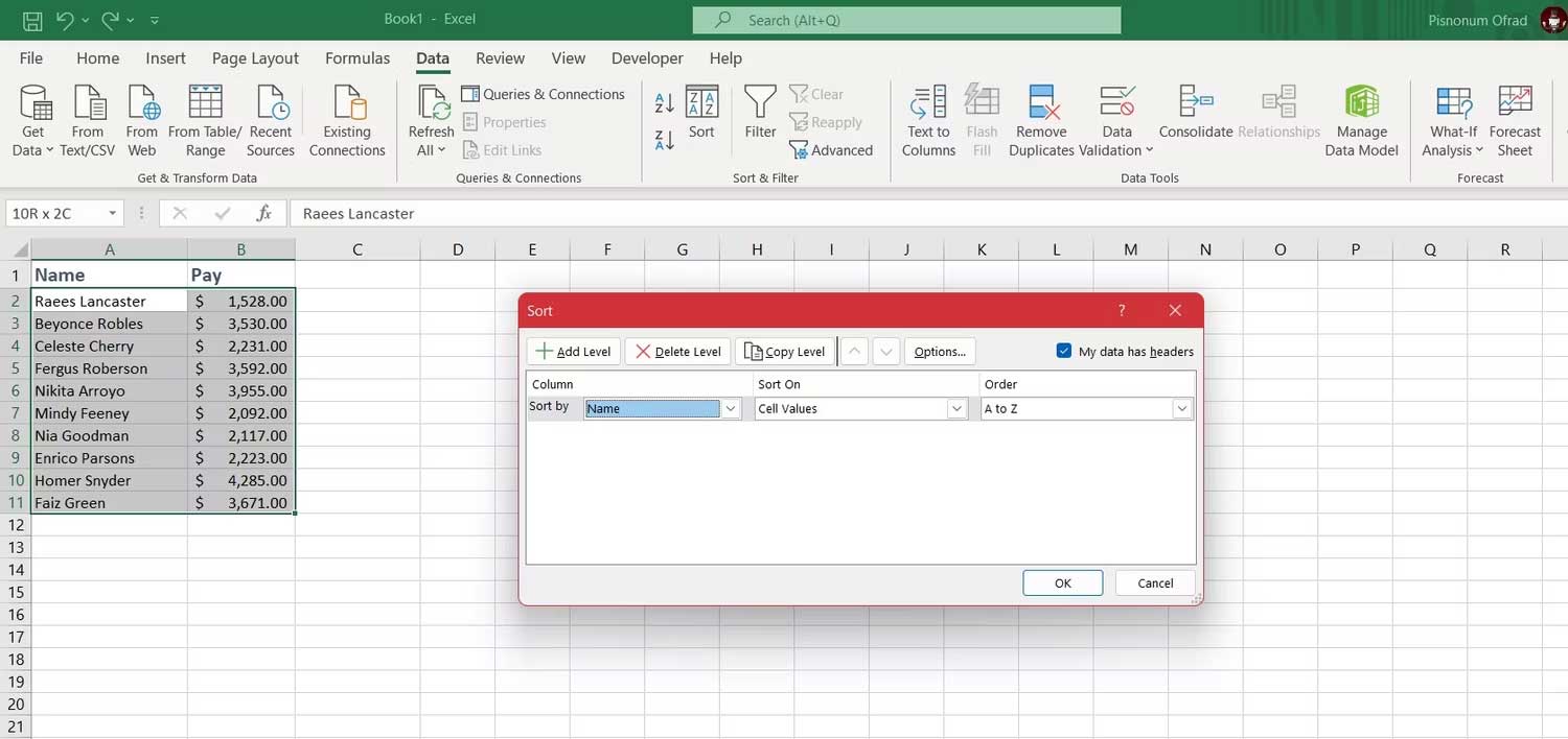 Bảng phân loại cột Excel