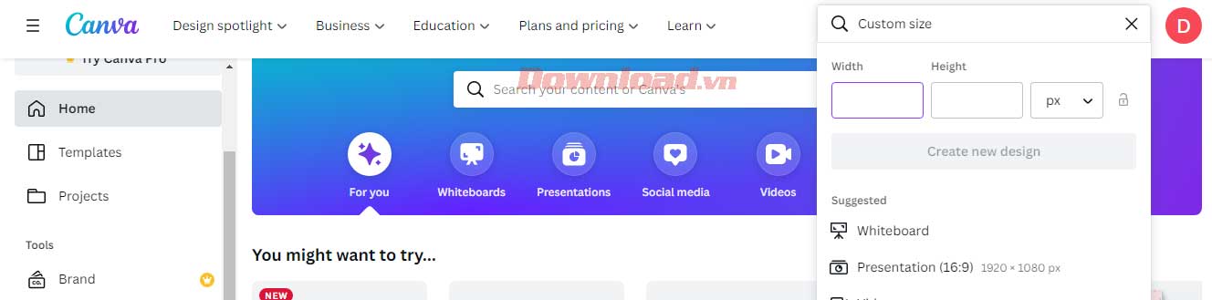 Nhập kích thước trên Canva