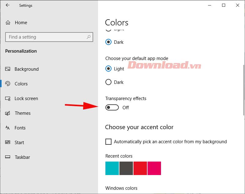 Turn off the background blur transparency effect for Windows