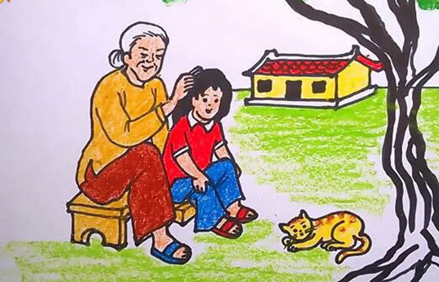 Tranh vẽ bà và cháu ngày Phụ nữ Việt Nam