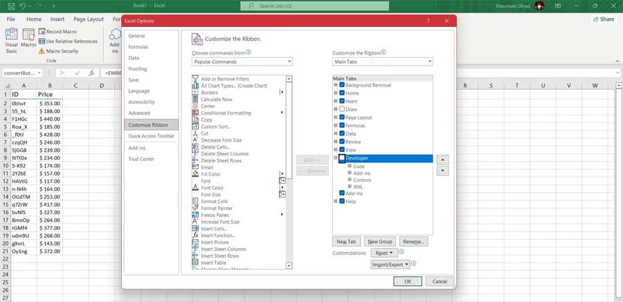 Mở Developer trong Excel