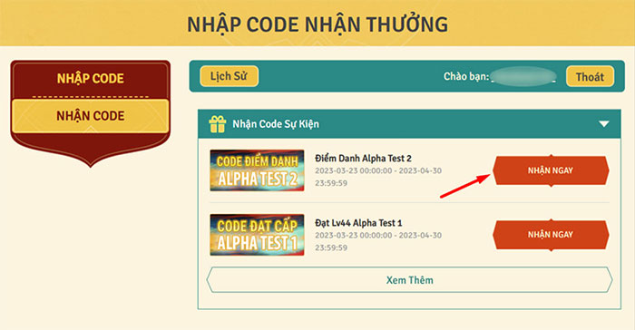 NHẬP CODE NHẬN THƯỞNG