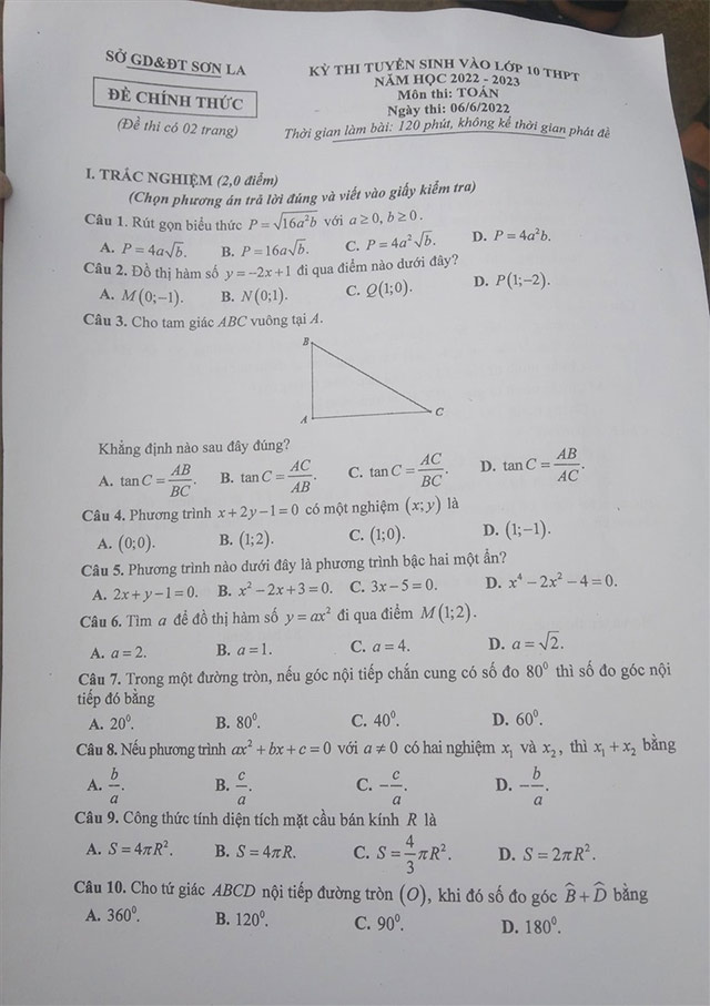 Đề thi vào 10 môn Toán Sơn La năm 2022