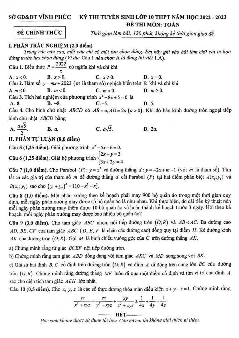 Đề thi vào 10 môn Toán năm 2023 – 2024 sở GD&ĐT Vĩnh Phúc Đáp án đề thi vào lớp 10 môn Toán năm 2023