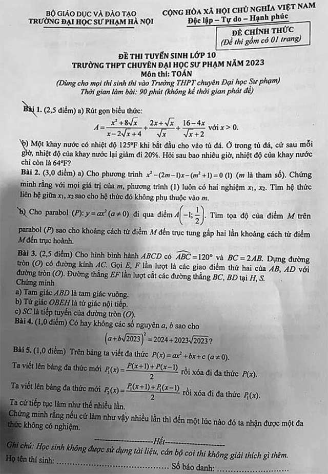 Đề thi vào lớp 10 chuyên Sư phạm Hà Nội 2023