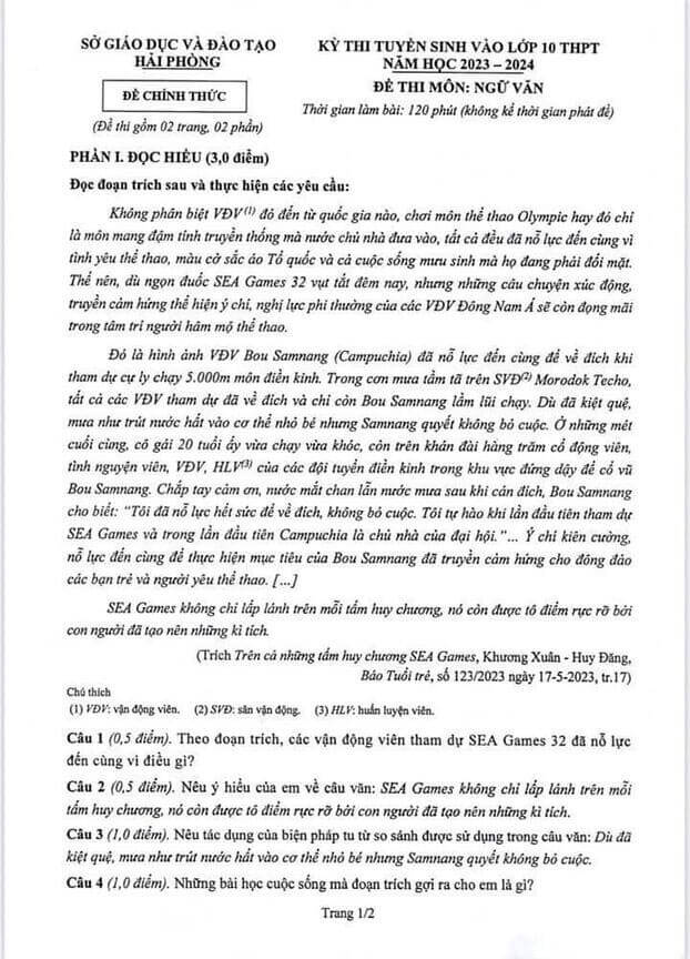 Đề thi vào 10 môn Ngữ văn năm 2023 – 2024 sở GD&ĐT Hải Phòng Đáp án đề thi vào lớp 10 môn Văn 2023