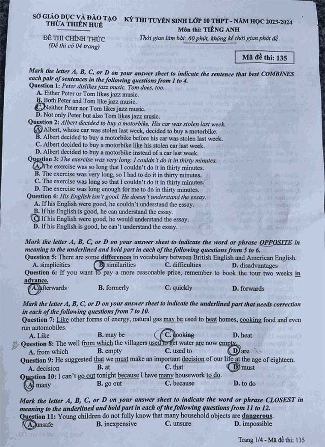 Đề thi vào 10 môn Tiếng Anh năm 2023 – 2024 sở GD&ĐT Thừa Thiên Huế Đáp án đề thi tuyển sinh lớp 10 môn Anh 2023