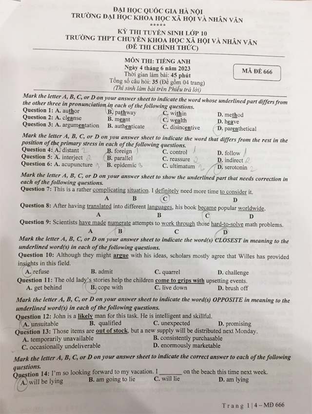 Đề tiếng Anh thi lớp 10 chuyên Khoa học Xã hội và Nhân văn