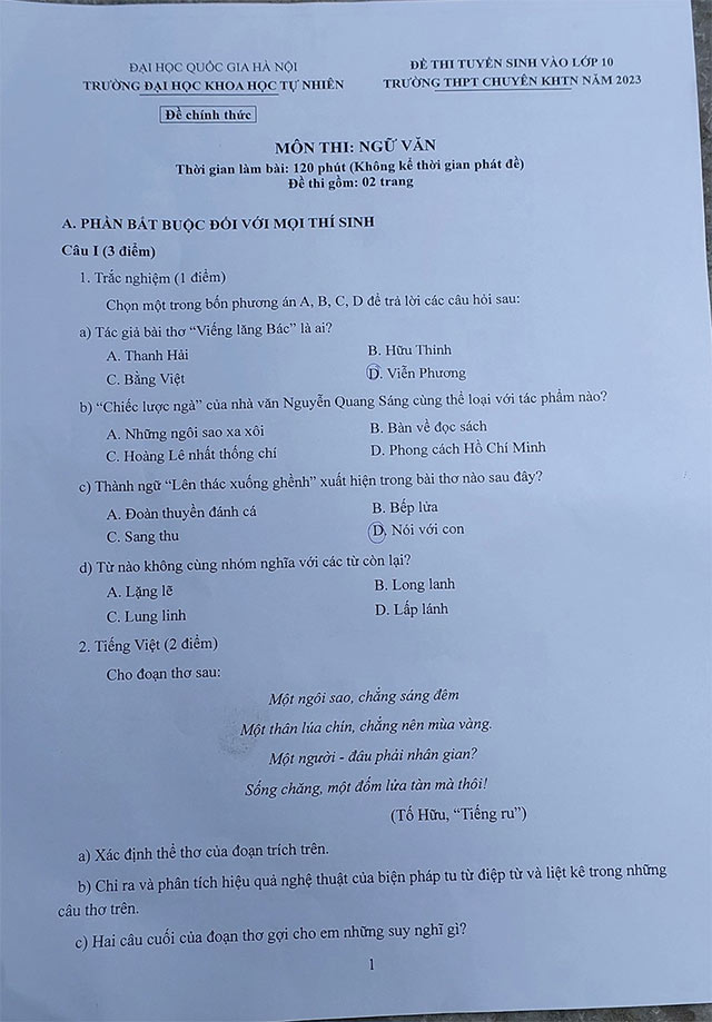 Đề thi vào 10 chuyên KHTN môn Ngữ văn 2023
