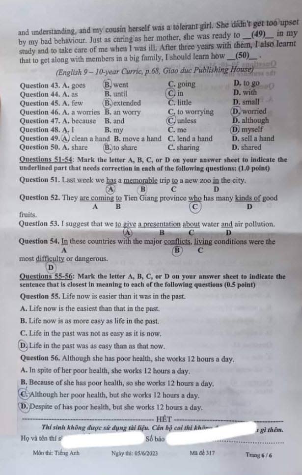 Đáp án đề thi vào lớp 10 môn Anh Tiền Giang năm 2023
