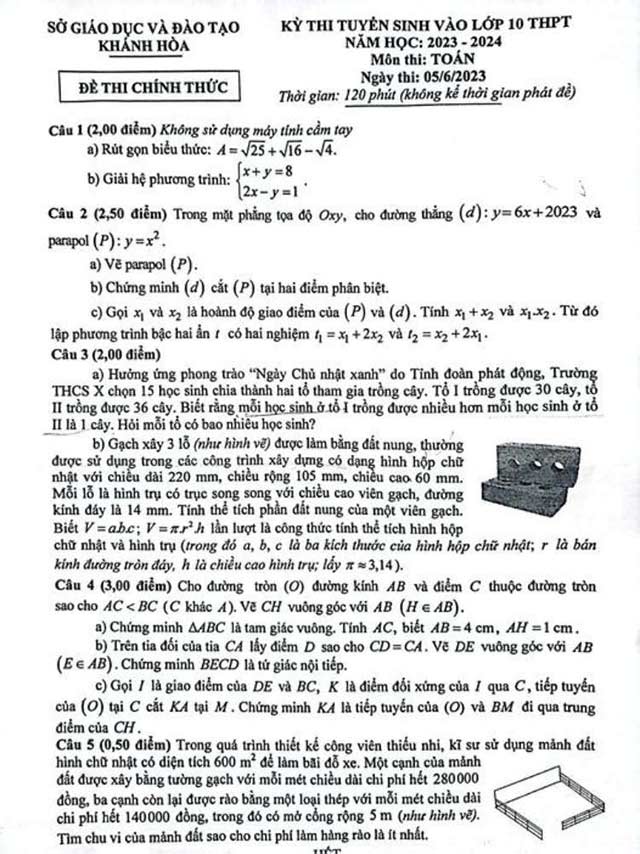 Đề thi vào lớp 10 môn Toán Khánh Hòa năm 2023 - 2024